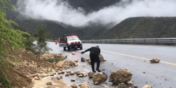 Guardia Estatal colabora en retiro de piedras sobre Carretera Rumbo Nuevo