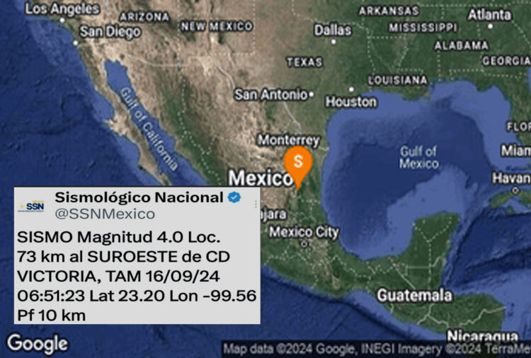 Reporta SSN sismo de magnitud 4.0 en escala de Ritcher al suroeste de Cd.Victoria