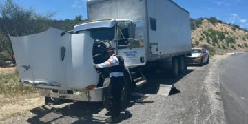 Guardia Estatal de Tránsito auxilia a conductor de tráiler varado en la carretera Rumbo Nuevo