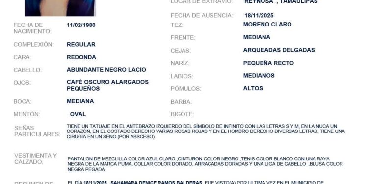 🚨 Desaparece Sahamara en Reynosa; piden ayuda urgente