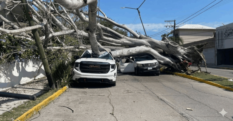 FUERTES VIENTOS DESATAN CAOS EN TAMPICO: Árbol gigante aplasta autos y golpea una vivienda