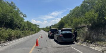 Guardia Estatal auxilia a conductor varado por falla en neumático en carretera de Abasolo